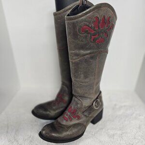 Born Gray Red Boho Western Heeled Boots Leather 9